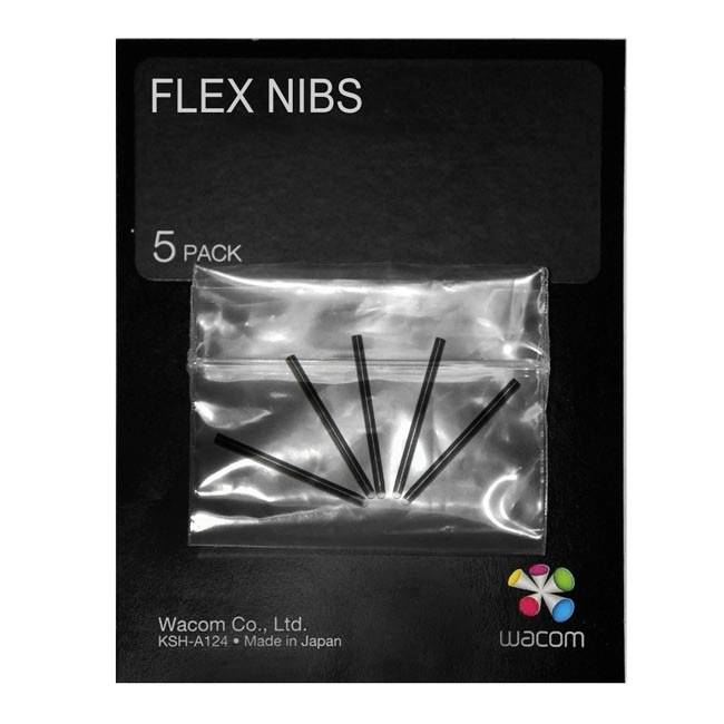 Wacom 'Flex Nibs' 5er-Packung Ersatz-Stiftspitzen in einer durchsichtigen Plastiktüte auf schwarzer Verpackung.