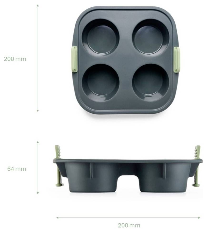 Produktdiagramm eines 4er-Tablett, dargestellt in Draufsicht und Seitenansicht, mit Abmessungen von 200 mm Breite und 64 mm Höhe.