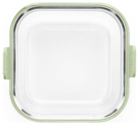 Leerer quadratischer Glaslebensmittelbehälter mit hellgrünem Silikondeckel und Seitenverschlüssen, von oben gezeigt.