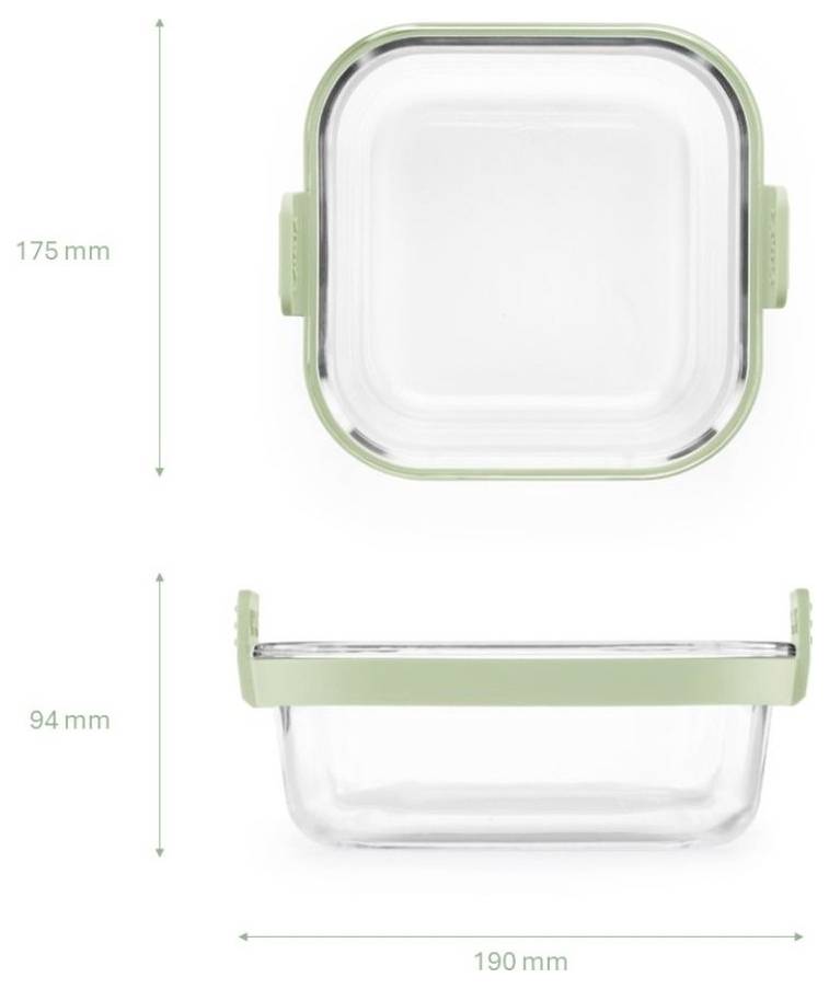 Glaseisbehälter für Lebensmittel mit grünem Deckel, von oben und von der Seite dargestellt; Abmessungen beschriftet mit 175 mm Höhe und 190 mm Breite, mit 94 mm Seitenhöhe.