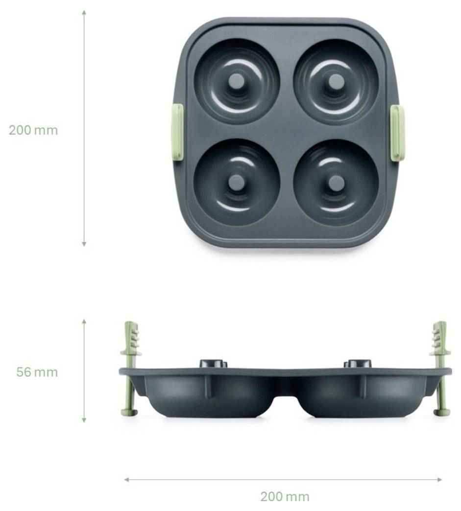 Produktdiagramm mit einem quadratischen dunkelgrauen Vier-Napf-Sauggerät, beschriftet mit 200 mm Breite und Höhe, mit einer Seitenansicht, die 56 mm Höhe zeigt.