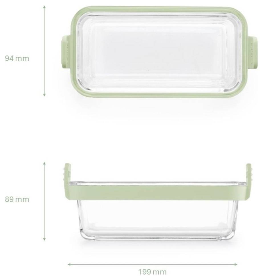 Diagramm eines rechteckigen Glaslebensmittelbehälters mit grünem Deckel, zeigt Draufsicht und Seitenansicht mit Abmessungen: 199 mm breit, 94 mm hoch, 89 mm tief.