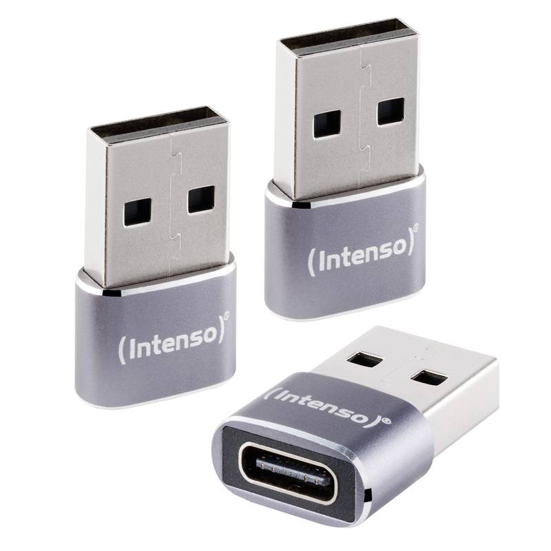 Drei Intenso USB-Speichersticks, zwei aufrecht dargestellt und einer zeigt den USB-C-Anschluss.