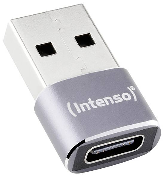Nahaufnahme eines USB-A-zu-USB-C-Adapters mit Intenso-Branding auf weißem Hintergrund.