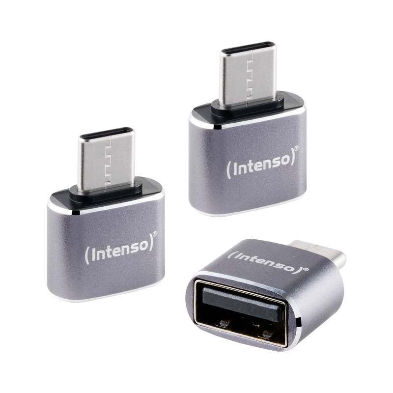 Drei silberne Intenso USB-C-Adapter aus verschiedenen Blickwinkeln dargestellt, einer liegt flach und zwei stehen aufrecht auf weißem Hintergrund.