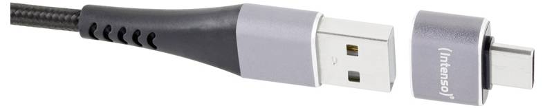 Nahaufnahme eines USB-Kabels mit austauschbaren Steckern, die USB-A- und USB-C-Enden mit einem Intenso-Logo auf dem Adapter zeigen.