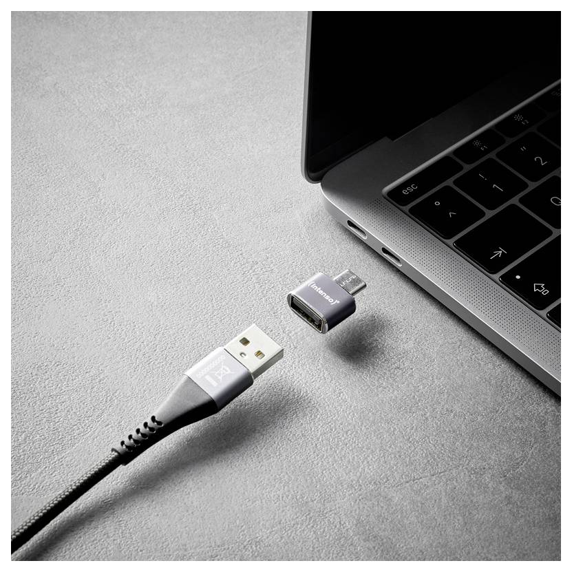 Nahaufnahme eines Laptops mit einem abnehmbaren USB-C-Adapter, der in der Nähe eines USB-Kabelsteckers schwebt und eine Verbindung oder das Aufladen andeutet.