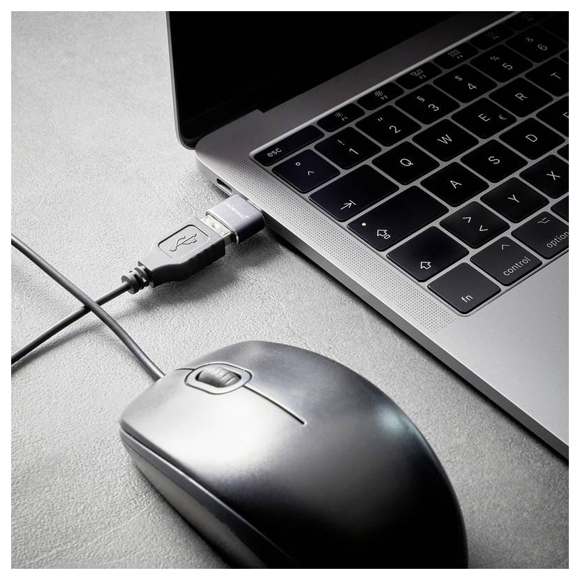 Laptop, der über ein USB-Kabel neben einer kabelgebundenen Maus auf einem Schreibtisch angeschlossen ist.