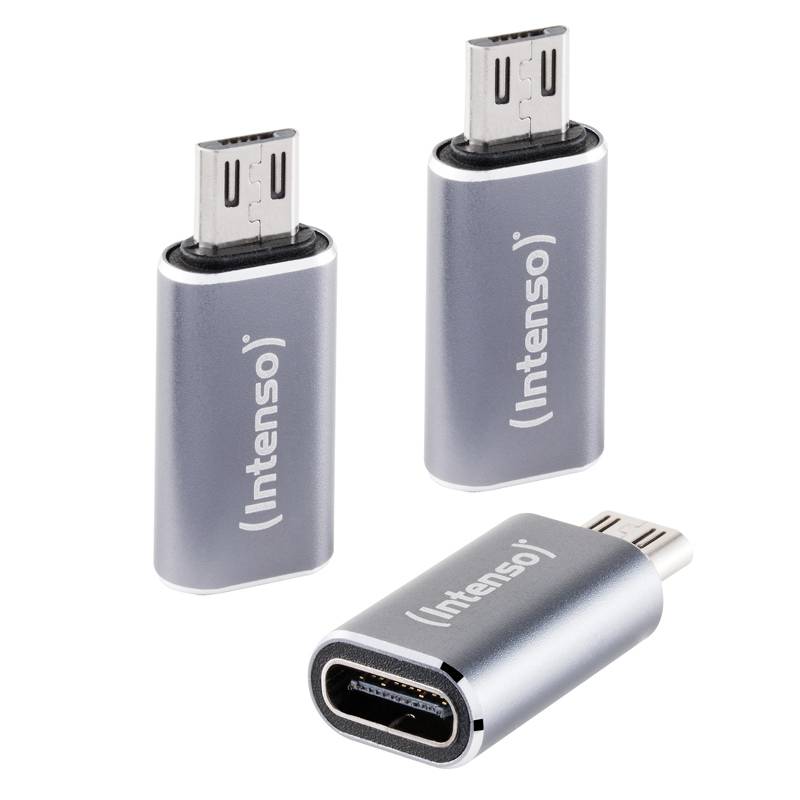Drei Intenso USB-Adapter mit Metallgehäusen: zwei USB-C-Anschlüsse und ein USB-C-zu-USB-A-Adapter auf weißem Hintergrund.