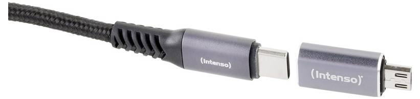 Nahaufnahme eines schwarzen und grauen Intenso USB-Kabels, das auf der einen Seite einen USB-C-Anschluss und auf der anderen Seite einen Micro-USB-Anschluss zeigt.