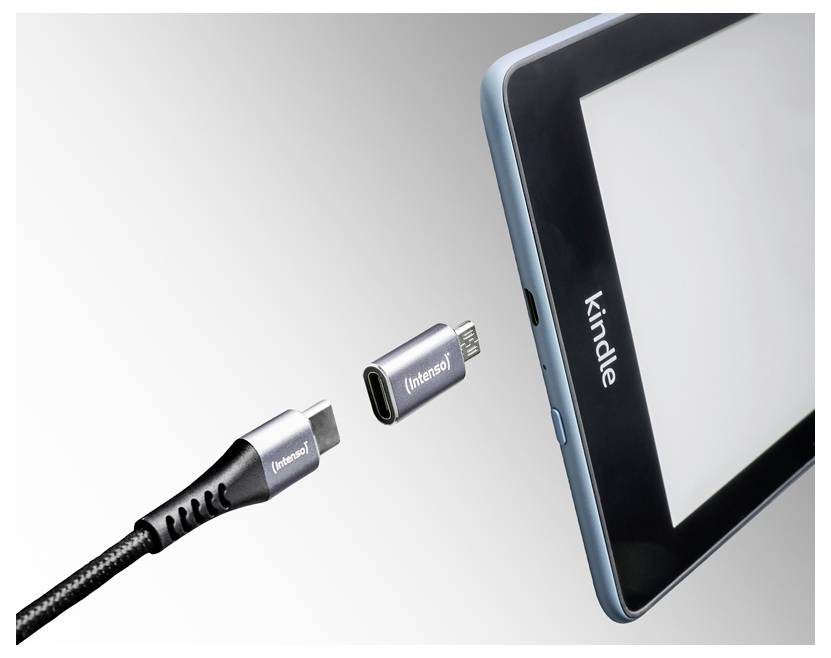 Ein Kindle E-Reader, dargestellt mit einer abgelösten magnetischen Ladekabelspitze, die in der Nähe seines Seitenports schwebt, und zeigt eine magnetische USB-C-Verbindung.