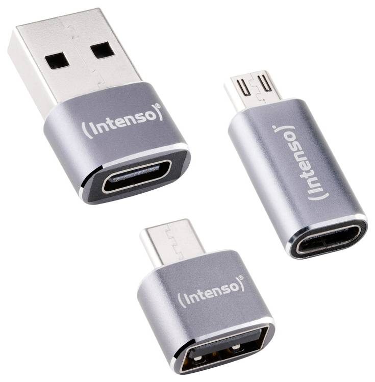 Drei silberne Intenso USB-Adapter-Dongles mit verschiedenen Steckerenden: USB-A zu USB-C, USB-C zu Micro-USB und USB-C zu USB-A.