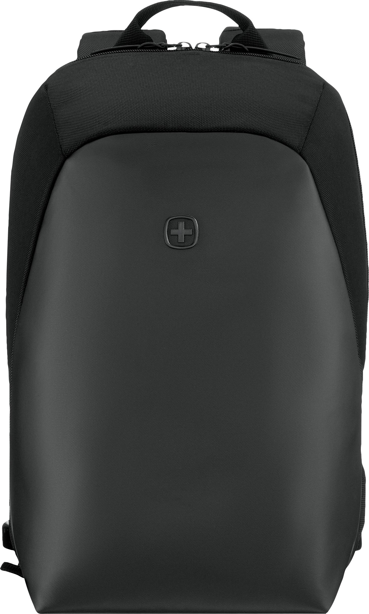 Schwarzer Rucksack mit minimalem Frontpanel und oberem Tragehenkel, isoliert auf weißem Hintergrund dargestellt.