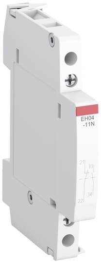 Weißes modulares elektrisches Gerät mit rotem Etikett 'EH04-11N' und Anschlussmarkierungen, dargestellt in Seitenansicht vor einfachem Hintergrund.