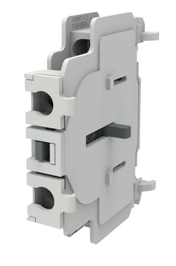 Weißer elektrischer Leitungsschutzschalter mit seitlich angebrachten Anschlüssen, gezeigt in einer produktstilisierten 3D-Ansicht vor einem einfachen Hintergrund.