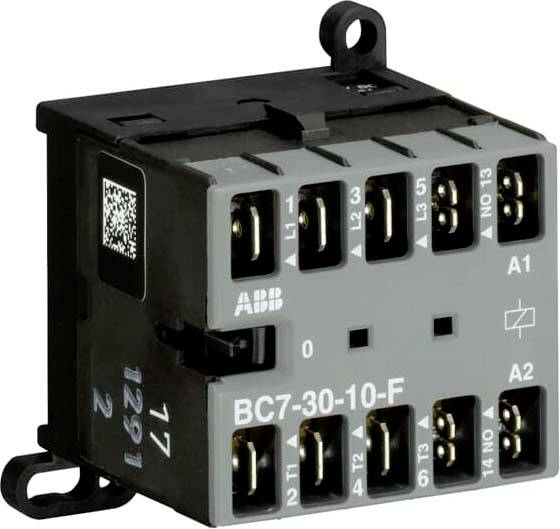 ABB BC7-30-10-F Elektrokontaktor mit mehreren Anschlussanschlüssen und A1/A2-Spulenklemmen, dargestellt auf weißem Hintergrund.