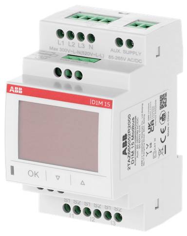 ABB ID1M 15 digitales Energiemessgerät mit leerem Display und gekennzeichneten Anschlussklemmen auf einem weißen modularen Gerät