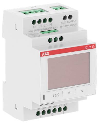 ABB DIM15 Elektrosteuermodul mit Display und OK/Auf/Ab-Tasten, beschriftet L1 L2 L3 N und AUX VERSORGUNG 85–265V AC/DC.