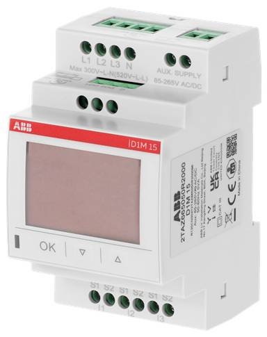 ABB IDM15 digitales Messwertgeber-/Steuermodul mit Anzeigebildschirm, Anschlüssen und OK-/Navigationstasten auf einem DIN-Schienen-Gerät.