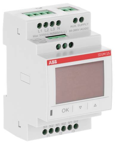 ABB iDIM15 DIN-Schienen-Dimmregler mit Display und Anschlüssen für Netz- und Hilfsspannung.
