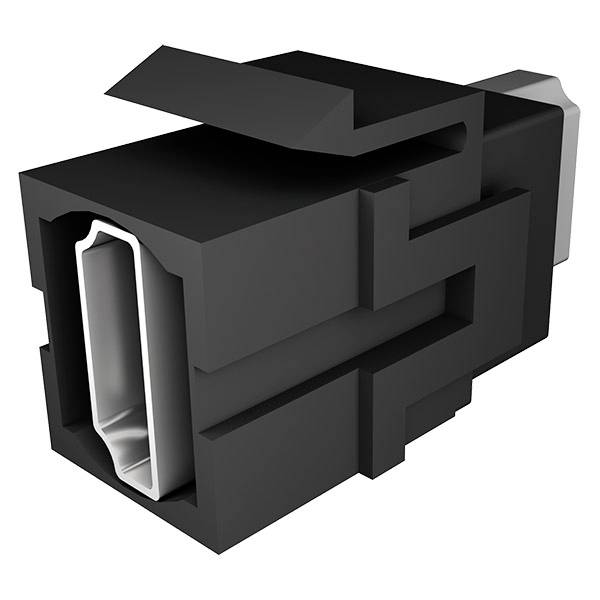 Schwarzer rechteckiger Elektrostecker mit silberner Metallanschlussöffnung an einem Ende, in 3D auf weißem Hintergrund dargestellt.