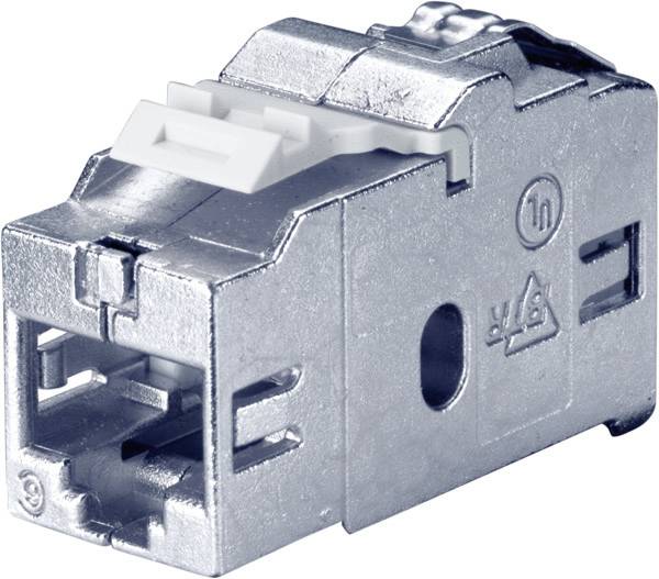 Nahaufnahme eines Metall-Ethernet-Steckermoduls mit weißem Verriegelungsschieber, isoliert auf weißem Hintergrund.