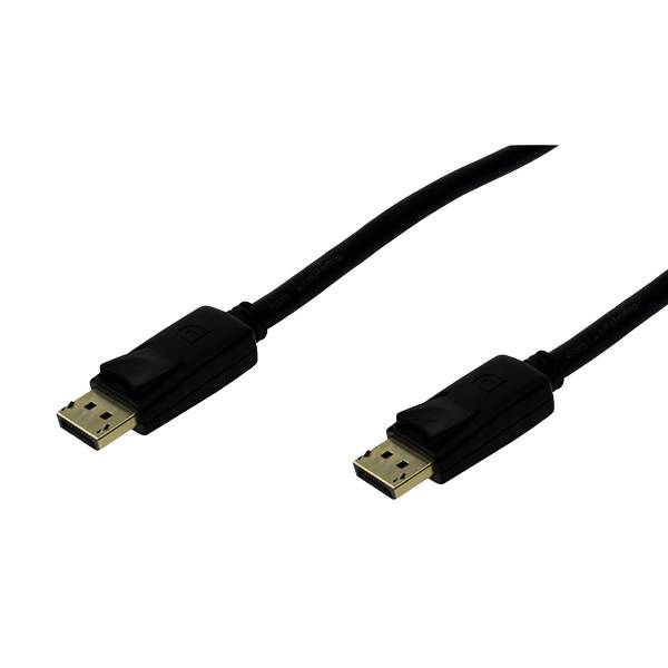Zwei schwarze DisplayPort-Kabel mit vergoldeten Anschlüssen auf weißem Hintergrund.