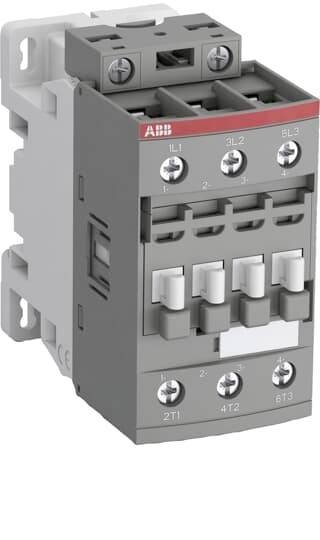 ABB grauer Elektrokontaktor mit Schraubklemmen und vier weißen manuellen Betätigungslaschen, dargestellt in einem Produktfoto auf weißem Hintergrund
