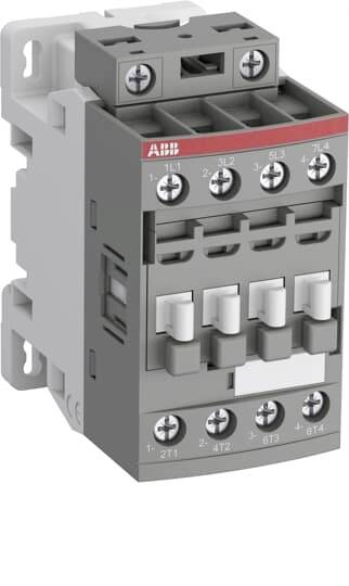 ABB Elektrokontaktor mit vier Schraubklemmen und weißen manuellen Schaltern, dargestellt in einer produktorientierten Ansicht auf weißem Hintergrund.