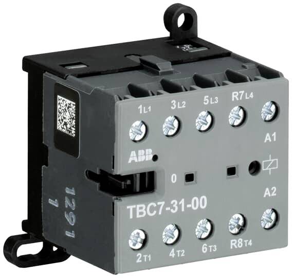 ABB TBC7-31-00 elektrischer Schützbaustein mit beschrifteten Schraubklemmen und Befestigungslaschen auf weißem Hintergrund