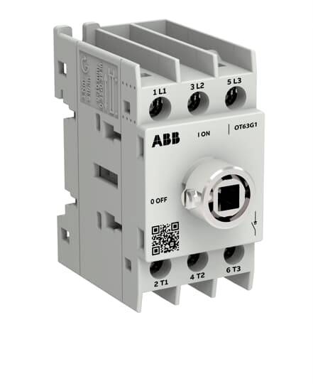 ABB OT63G1 dreipoliger Drehschalter/Trennschalter mit EIN/AUS-Markierungen und Anschlussbezeichnungen für elektrische Verkabelung.