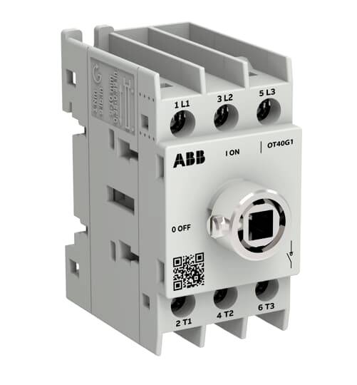 ABB OT40G1 Drehschalter-Trennschalter mit vorne montiertem Bedienknopf und beschrifteten Anschlüssen.