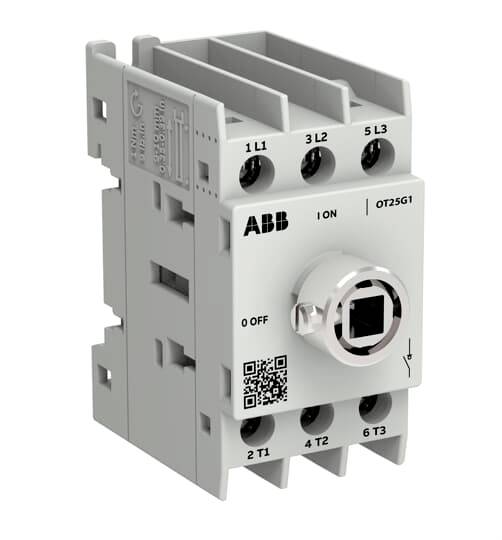 ABB OT25F3 dreipoliger Trennschalter mit Drehgriff und Anschlusspolen auf weißem Hintergrund.