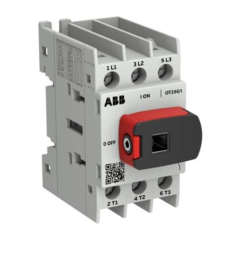 ABB OT25G1 Drehtrennschalter mit schwarzem und rotem Griff, zeigt EIN/AUS-Positionen und Anschlussbezeichnungen.