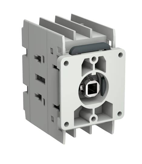 Vorderansicht eines grauen elektrischen Schaltersteuermoduls mit einer zentralen quadratischen Schaftöffnung und Befestigungslöchern.