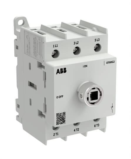 ABB OT80G2 dreipoliger Lasttrennschalter mit Drehknopf für Ein-/Ausschalten, Anschlussbezeichnungen und QR-Code, dargestellt in einem Produktfoto vor weißem Hintergrund