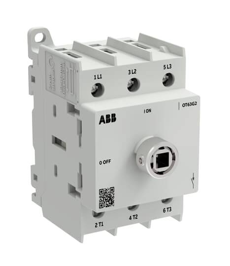 ABB Elektroschalter/Trennschalter mit rotierendem Frontknopf, beschriftet mit 1L1, 3L2, 5L3 und 2T1, 4T2, 6T3, dargestellt in grauem Gehäuse.