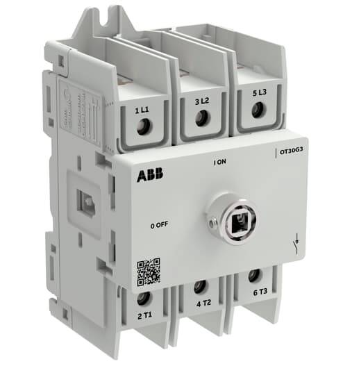 ABB OT30G3 dreipoliger Trennschalter mit frontseitigem Drehgriff, dargestellt in Grau auf weißem Hintergrund.