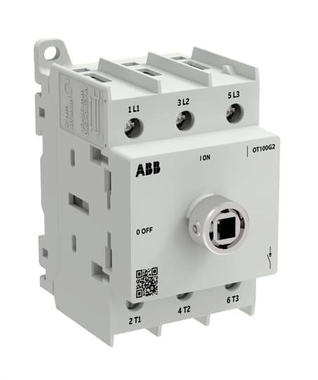 ABB OT100G2 Trennschalter mit drehbarem Frontgriff und beschrifteten Anschlussklemmen für elektrische Verbindungen
