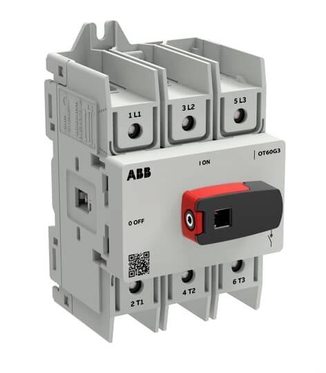 ABB OT60G3 Trennschalter mit drei Polen, rotem und schwarzem Drehgriff sowie Klemmenmarkierungen 1/L1, 3/L2, 5/L3, 2/T1, 4/T2, 6/T3.