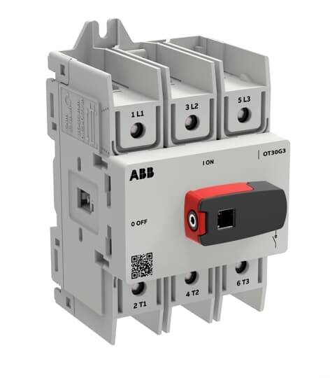 ABB OT30G3 dreipoliger Schalttrenner mit rot-schwarzem Drehgriff in EIN-Stellung gezeigt.