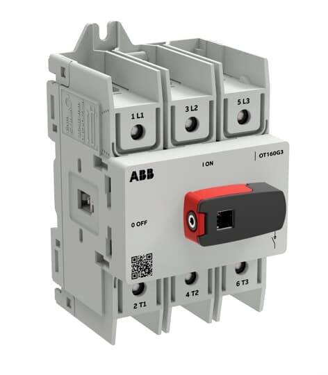 ABB OT160G3 dreipoliger elektrischer Schalttrennschalter mit rotem und schwarzem Ein-/Aus-Hebel und beschrifteten Anschlussplätzen.