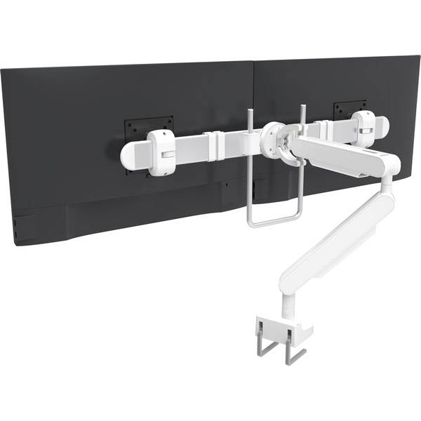Weiße verstellbare Dual-Monitor-Wandhalterung mit Klemm-Monitorhalterungen und Kabelhalterungsschlaufe.