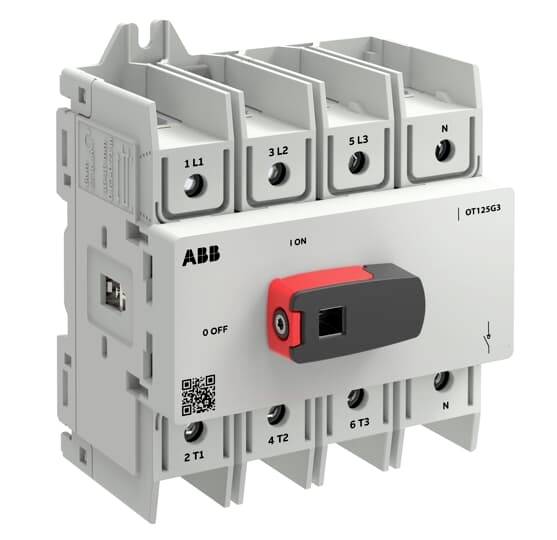 ABB Elektroschalter-Trennschalter mit rot-schwarzem Drehgriff, zeigt vier Polklemmen und Ein-/Aus-Markierungen.