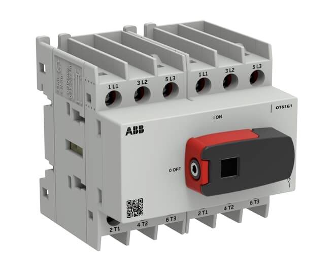 ABB OT63F1 Drehschalter mit rotem und schwarzem EIN/AUS-Griff, dargestellt in einer produktstilgerechten Ansicht mit beschrifteten Anschlüssen.
