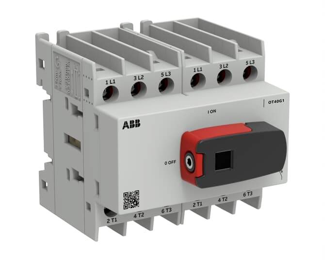 ABB OT40F3 dreipoliger Trennschalter mit rotem und schwarzem EIN-/AUS-Drehgriff