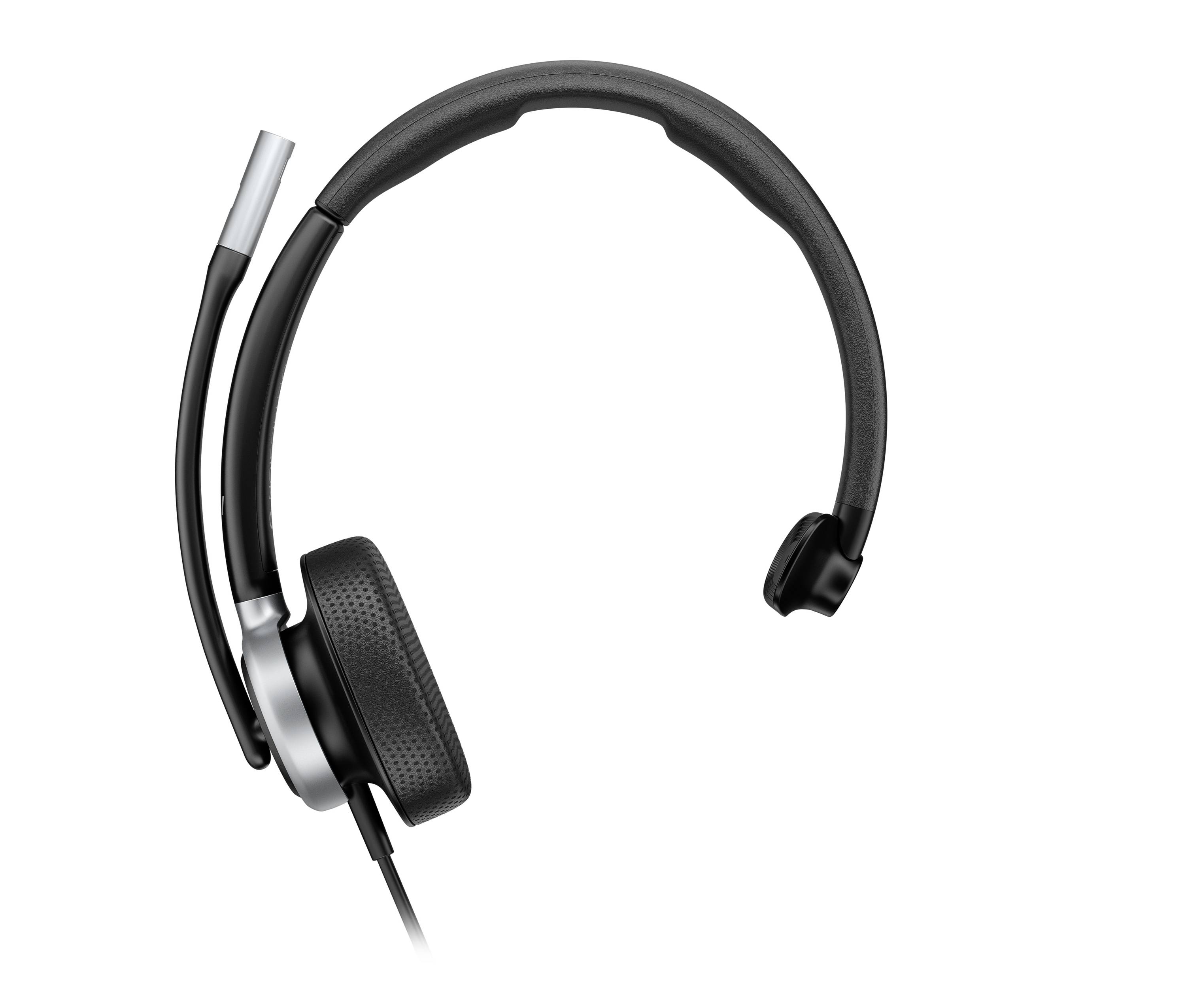 Schwarzes Kopfbügel-Headset mit einem einzelnen Ohrkissen und angebrachtem Boom-Mikrofon auf weißem Hintergrund.