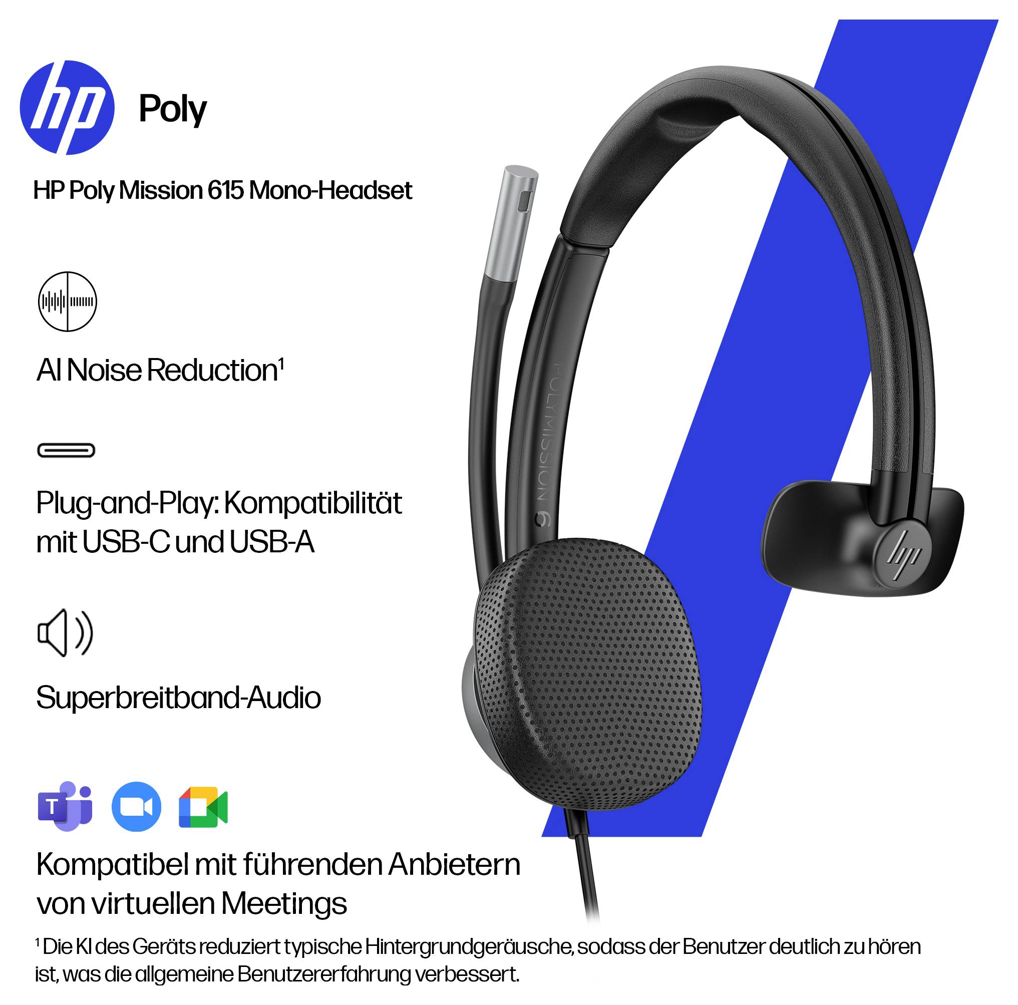 HP Poly Mission 615 USB Wired Headset On Ear Headset Schwarz