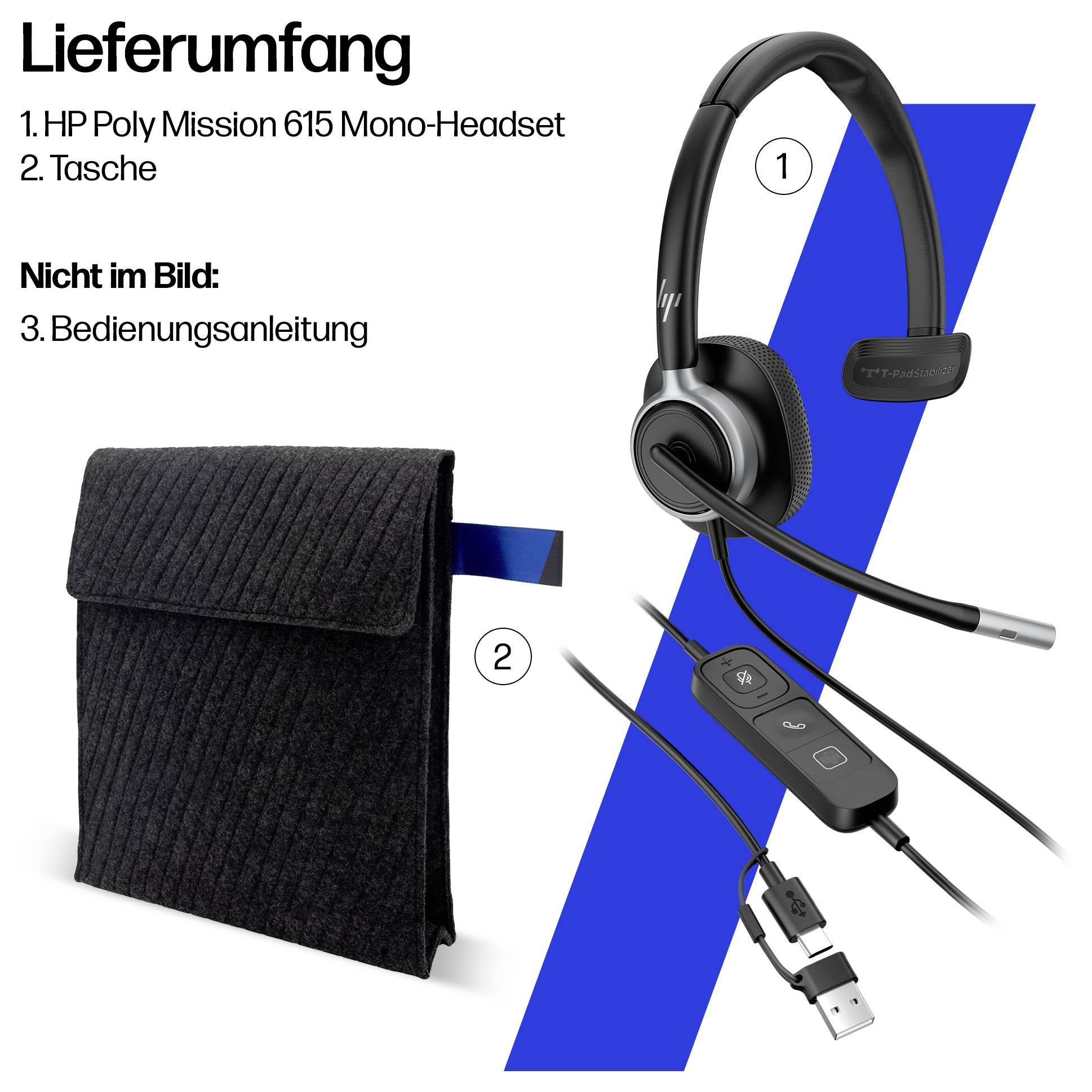 HP Poly Mission 615 USB Wired Headset On Ear Headset Schwarz