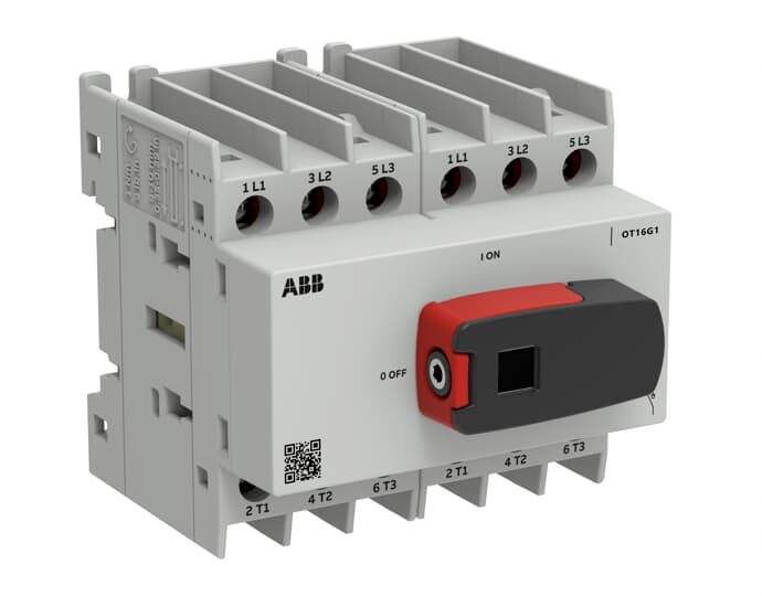 ABB dreipoliger Drehtrennschalter mit rotem und schwarzem Ein-/Ausschalthebel und Anschlussbezeichnungen auf einem grauen Industriegerät.